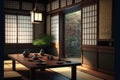 Traditional japanese tea room interior with tatami mats.3d rendering Royalty Free Stock Photo