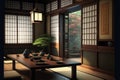 Traditional japanese tea room interior with tatami mats.3d rendering Royalty Free Stock Photo