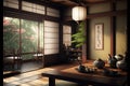 Traditional japanese tea room interior with tatami mats.3d rendering Royalty Free Stock Photo