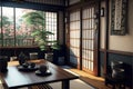 Traditional japanese tea room interior with tatami mats.3d rendering Royalty Free Stock Photo