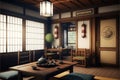 Traditional japanese tea room interior with tatami mats.3d rendering Royalty Free Stock Photo