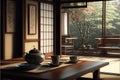 Traditional japanese tea room interior with tatami mats.3d rendering Royalty Free Stock Photo