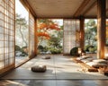 Traditional Japanese tea room with tatami flooring and shoji screens3D render.