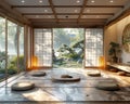 Traditional Japanese tea room with tatami flooring and shoji screens3D render.