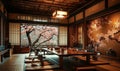 Traditional Japanese tearoom with tatami mats, low wooden table, and sliding shoji doors, showcasing a peaceful cherry blossom