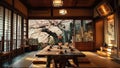Traditional Japanese tearoom with tatami mats, low wooden table, and sliding shoji doors, showcasing a peaceful cherry blossom