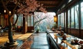 Traditional Japanese tearoom with tatami mats, low wooden table, and sliding shoji doors, showcasing a peaceful cherry blossom