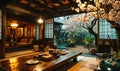 Traditional Japanese tearoom with tatami mats, low wooden table, and sliding shoji doors, showcasing a peaceful cherry blossom