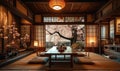 Traditional Japanese tearoom with tatami mats, low wooden table, and sliding shoji doors, showcasing a peaceful cherry blossom