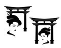 geisha head and japanese torii gate black and white vector design set