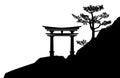 Black and white vector silhouette background of japanese torii gate on rocky pine cliff