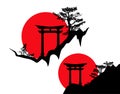 Vector silhouette background of japanese torii gate on rocky pine cliff with red rising sun Royalty Free Stock Photo