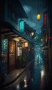 Traditional Japanese Town at Night, Classic, Retro, After the Rain, Illustration, Generative AI