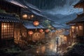 Traditional Japanese village at night. Digital painting with a digital illustration. A beautiful artwork illustration of rainy