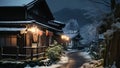 Traditional Japanese village at night in winter, Japan. Digital painting, AI Generated