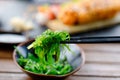 Traditional Japanese wakame salad with sesam seeds. Healthy and fresh seaweed salad. Vegan and organic food. Royalty Free Stock Photo