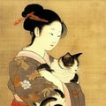 Traditional Japanese Women In Kimono With Cat, Geisha Stroking Cat, Generative AI Illustration