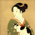 Traditional Japanese Women In Kimono With Cat, Geisha Stroking Cat, Generative AI Illustration