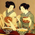 Traditional Japanese Women in Kimono Eating Pasta, Generative AI Illustration