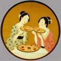 Traditional Japanese Women in Kimono Eating Pizza, Generative AI Illustration