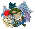 Traditional Japanses Frog tattoo with water wave and peony flower and lotus leaf and red sun.Green Frog with Japanese wave vector