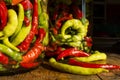 Traditional Jarred yellow, green, red, hot peppers. Royalty Free Stock Photo