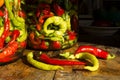 Traditional Jarred yellow, green, red, hot peppers. Royalty Free Stock Photo