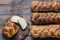 Traditional Jewish challah bread on wooden background