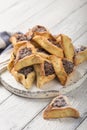 Traditional Jewish Hamantaschen cookies with dried apricots, dates. Purim celebration concept. ÃÂ¡arnival holiday background.