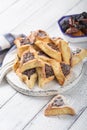 Traditional Jewish Hamantaschen cookies with dried apricots, dates. Purim celebration concept. ÃÂ¡arnival holiday background.