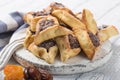 Traditional Jewish Hamantaschen cookies with dried apricots, dates. Purim celebration concept. ÃÂ¡arnival holiday background.