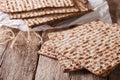 Traditional Jewish kosher matzo for Passover macro on a table. h Royalty Free Stock Photo