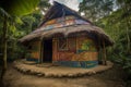 A traditional hut adorned with vibrant tribal patterns nestled in a lush jungle setting