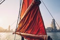 Traditional Junk boat against Hong Kong cityscape Royalty Free Stock Photo