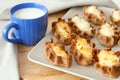 Traditional karelian pasties and cup of milk for breakfast Royalty Free Stock Photo