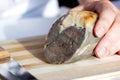The traditional Kazakh horse meat sausage Kazy on the wooden cutting board close up. Royalty Free Stock Photo
