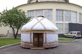 Traditional Kazakh nomadic yurt in VDNKh in Moscow, Russia. Cloudy summer view.