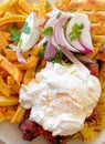 Traditional kebab meat plate with tzatziki sauce, pepperoni, beetroot and pita bread. Royalty Free Stock Photo