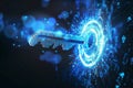 A traditional key transforming into a biometric scanner, symbolizing the enhanced security generated by AI
