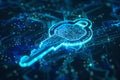 A traditional key transforming into a biometric scanner, symbolizing the enhanced security generated by AI