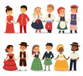 Traditional kids couples character of world dress girls and boys in different national costumes and cute little children Royalty Free Stock Photo