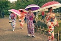 Traditional kimonos in Kenroku-en garden in Kanazawa