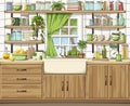 Traditional kitchen interior with wooden cabinets, a sink, open shelves, a window and kitchenware. Vector illustration.