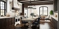 Traditional kitchen in new luxury home with hardwood floors, wood beams, large island and quartz counters. Generative AI Royalty Free Stock Photo