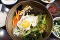 Traditional Korean dish bi bim bap with pickled and fresh vegetables and egg.