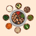 Traditional Korean food, korean barbecue, grilling beef, BBQ. Grilled snacks. Illustration for restaurant menu. Top view