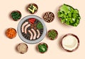 Traditional Korean food, korean barbecue, grilling beef, BBQ. Grilled snacks. Illustration for restaurant menu. Top view