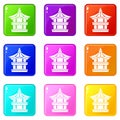 Traditional korean pagoda icons 9 set