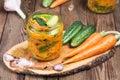 Traditional Korean snack of cucumbers in a glass jar: cucumbers marinated with carrots, hot pepper and garlic, with vegetable oil. Royalty Free Stock Photo