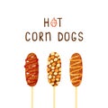 Traditional Korean street food - fried corn dog with ketchup and mustard. Hand-drawn cartoon style hot dogs with sausage and Royalty Free Stock Photo